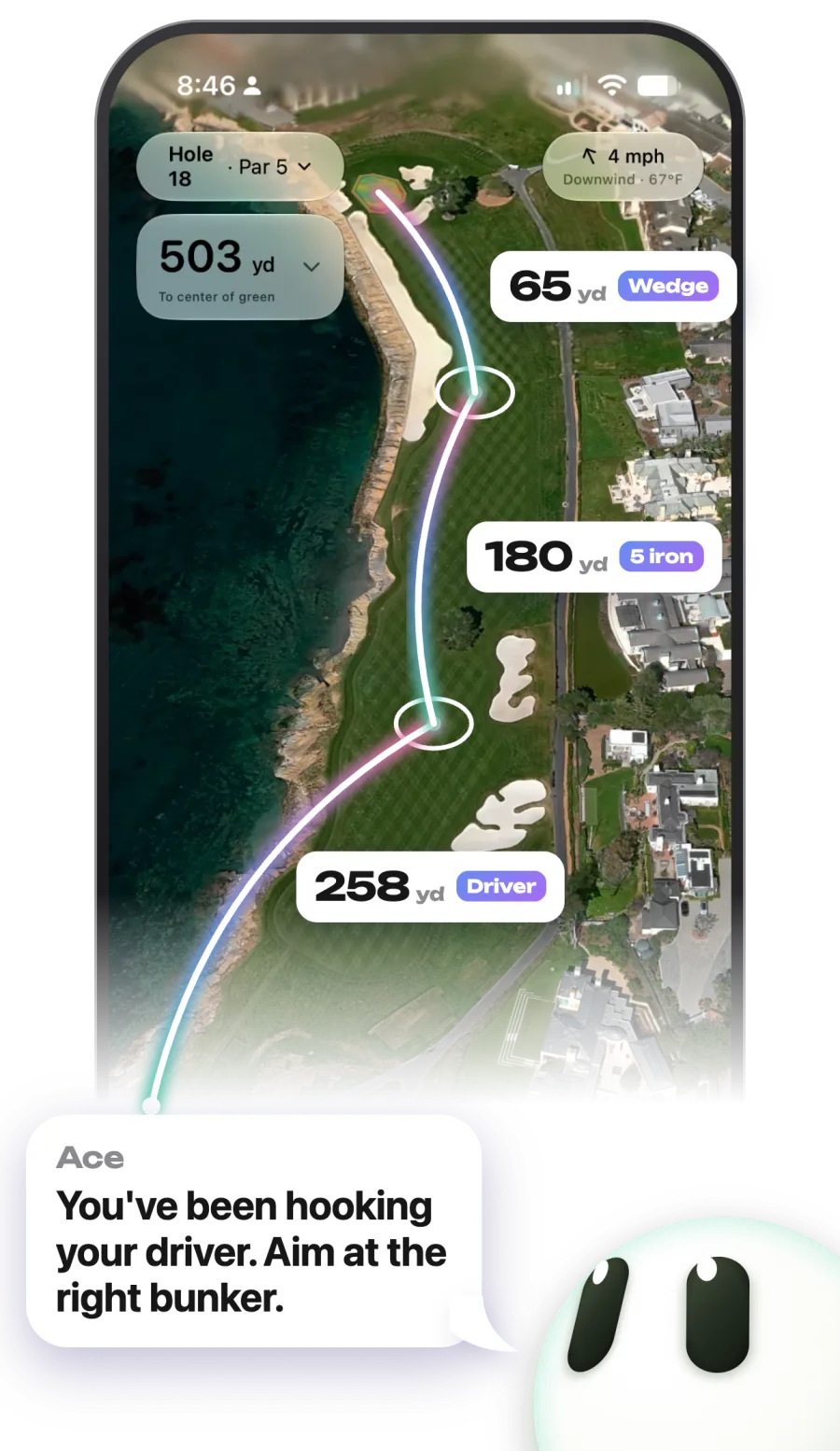 Pebble Beach 18 on Grassy GPS: 258 yards with a driver, 180 with a 5 iron, 65 with a wedge, and Ace's tip to aim at the right bunker