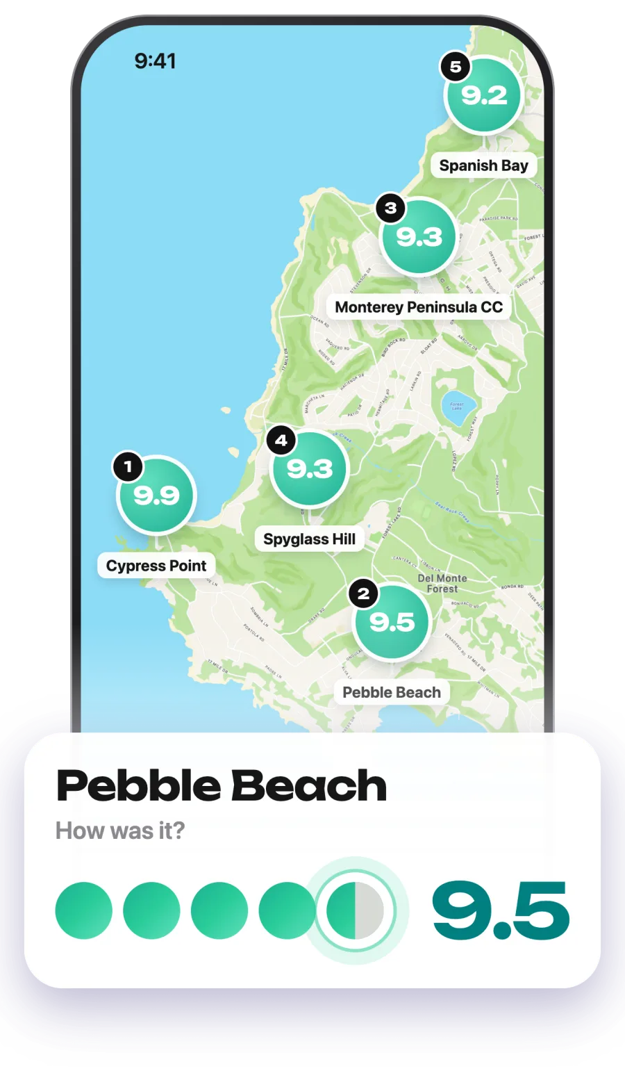 Monterey Peninsula map with Grassy scores, and rating Pebble Beach 9.5